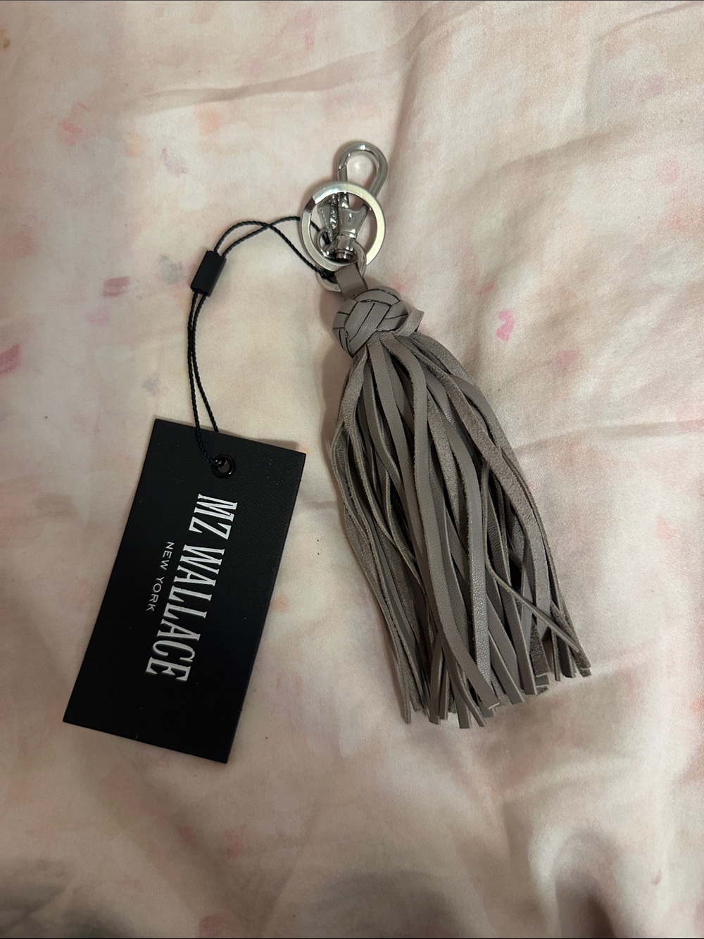 MZ Wallace Gray Leather Tassel Keychain with Silver Hardware